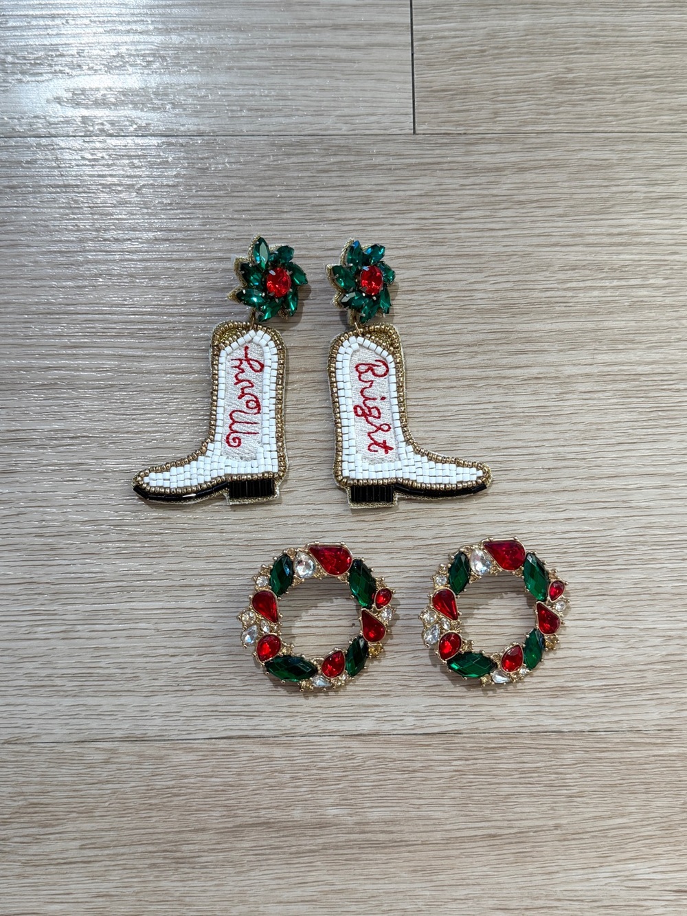 Christmas Earrings 2 Pairs Merry Bright Beaded Cowgirl Boots & Rhinestone Wreath